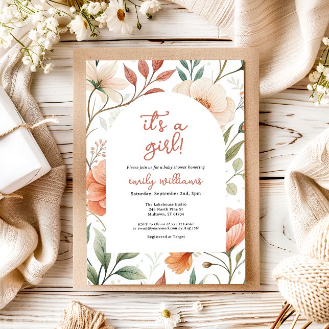 Coral Pink Boho Wildflower Its a Girl Baby Shower Invitation (Creator Uploaded)