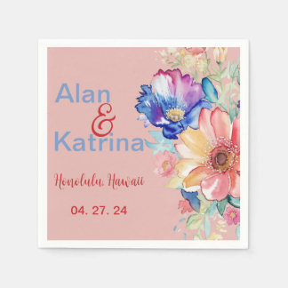 Coral Pink Bold Wildflower Floral Wedding Napkins