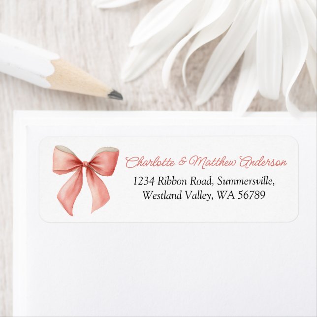 Coral Pink Bow Return Address Label (Insitu)