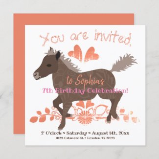 Coral, Pink, Brown Pony Birthday Party Invitation