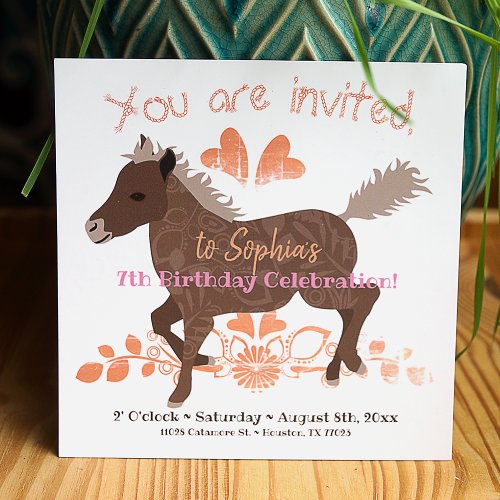 Coral Pink Brown Pony Birthday Party Invitation