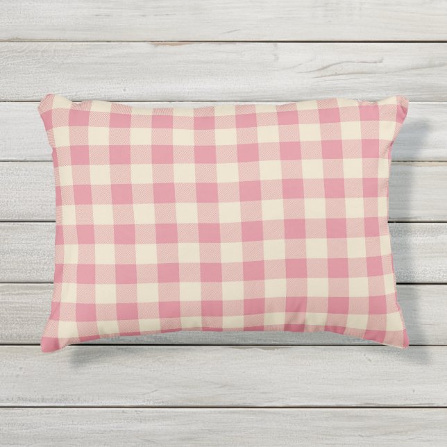 Coral Pink Buffalo Plaid | Country Farmhouse Outdoor Pillow (Front)