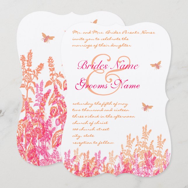 Coral Pink Bumblebee Wildflower Wedding Invitation (Front/Back)
