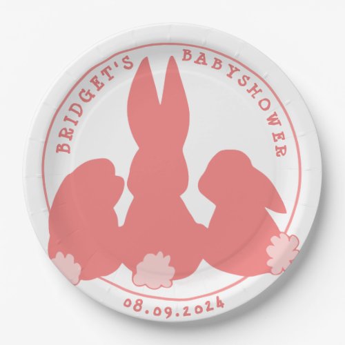 Coral Pink Bunnies Baby shower Paper Plates 9