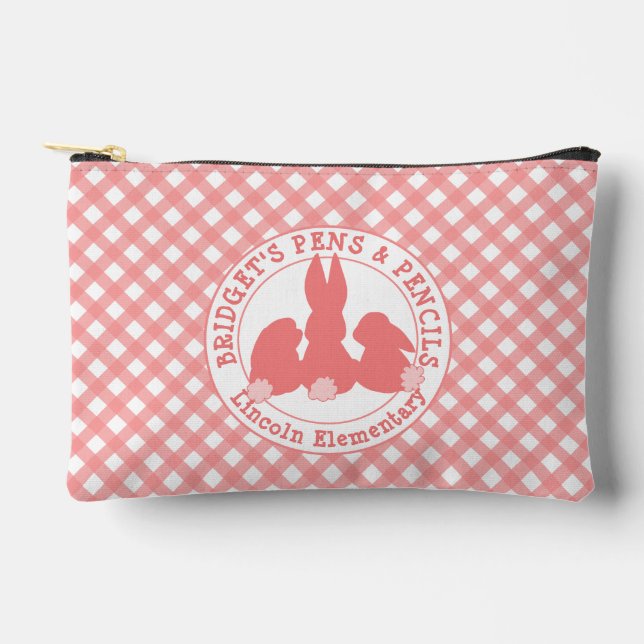 Coral Pink Bunnies & Gingham Pattern Personalized Accessory Pouch (Front)