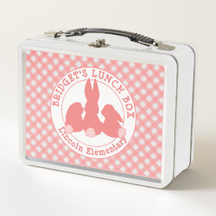 Coral Pink Bunnies & Gingham Pattern Personalized Metal Lunch Box