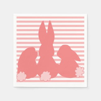 Coral Pink Bunnies - Striped Paper Napkins