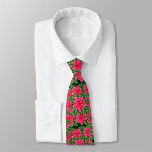 Coral Pink Camellias and Green Leaves Neck Tie