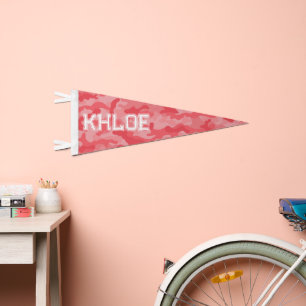 Coral Pink Camo Pattern Girl Name - Athletic Font Pennant Flag
