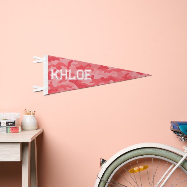 Coral Pink Camo Pattern Girl Name - Athletic Font Pennant Flag (Front)