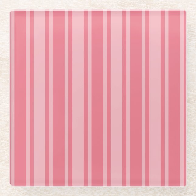 Coral pink candy stripes glass coaster (Front)