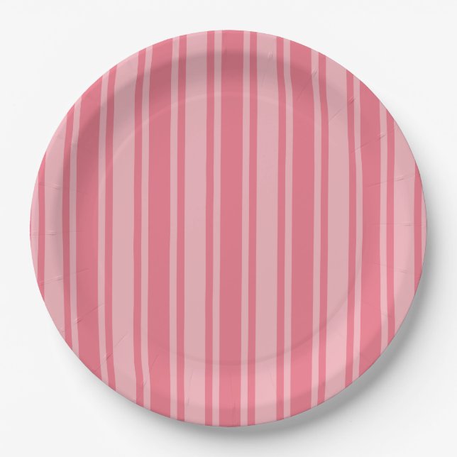 Coral pink candy stripes paper plates (Front)