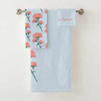 Coral Pink Carnations on Blue Bath Towel Set