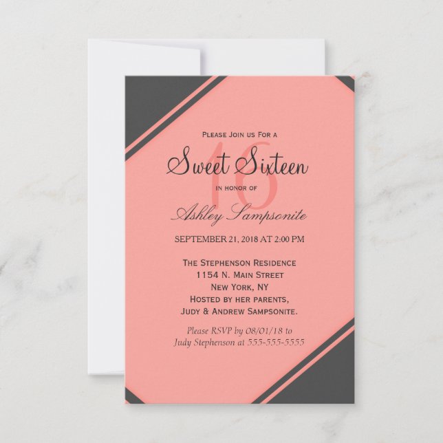 Coral Pink & Charcoal Gray Diagonal Cuts Invitation (Front)