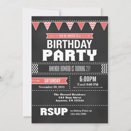 Coral Pink Chevron Chalkboard Birthday Invitation