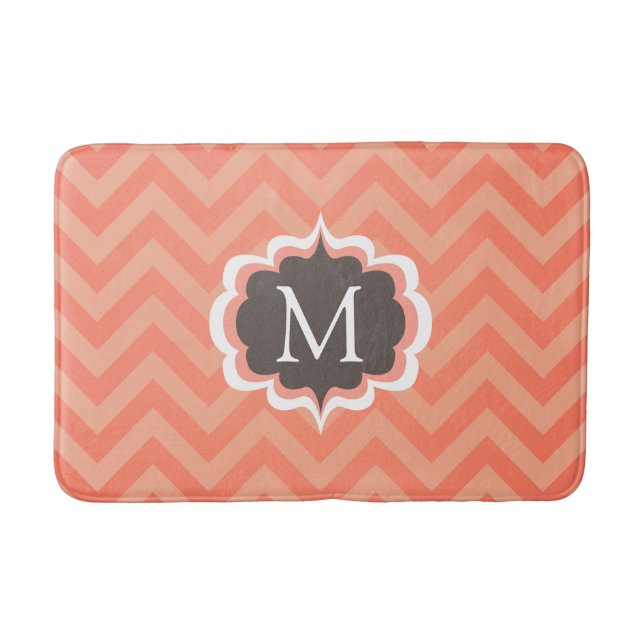Coral Pink Chevron Pattern Custom Monogram Bath Mat (Front)