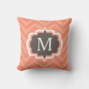 Coral Pink Chevron Pattern Custom Monogram Throw Pillow