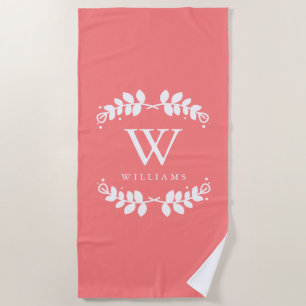 Coral Pink Chic Framed Monogram Beach Towel