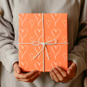 Coral Pink Chic Framed White Heart Outline Wrapping Paper