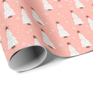 Coral Pink Christmas Festive Trees Boho Trendy Wrapping Paper