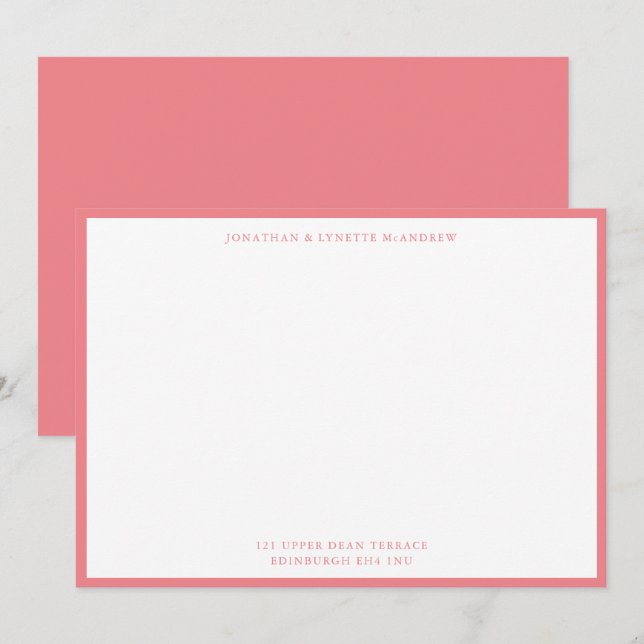 Coral Pink Classic Border Flat Note Card (Front/Back)