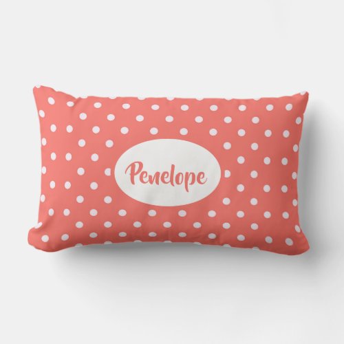 Coral Pink Classy Polka Dot Pattern with Name Lumbar Pillow