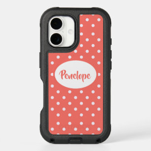 Coral Pink Classy Polka Dot Pattern with Name iPhone 16 Case