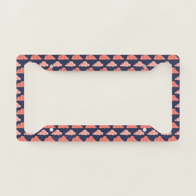 Coral Pink Clouds Lines Navy Blue Lined Geometric License Plate Frame (Front)