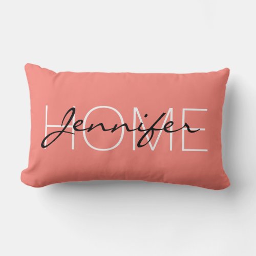 Coral pink color home monogram lumbar pillow
