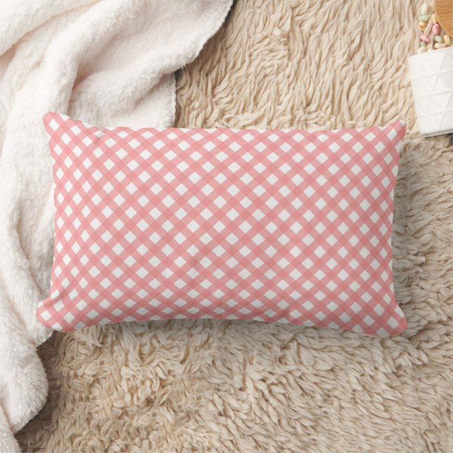 Coral Pink Country Style Gingham Pattern Lumbar Pillow (Blanket)
