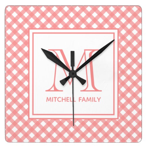 Coral Pink Country Style Gingham Pattern Monogram Square Wall Clock