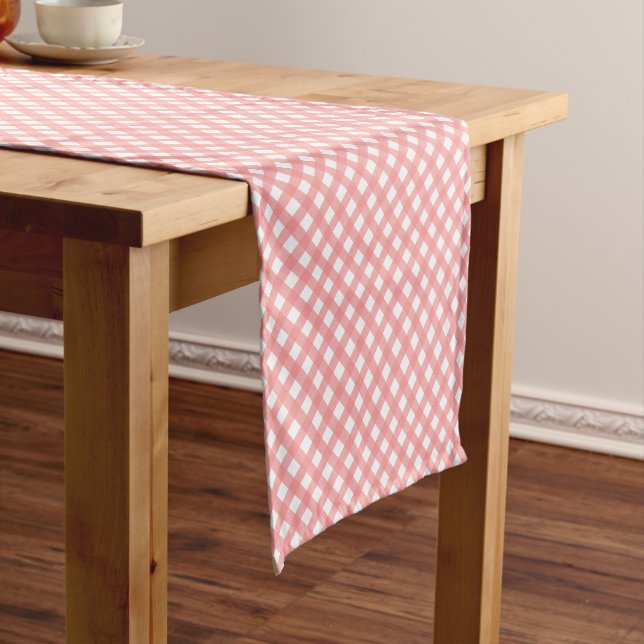 Coral Pink Country Style Gingham Pattern Short Table Runner (In Situ)