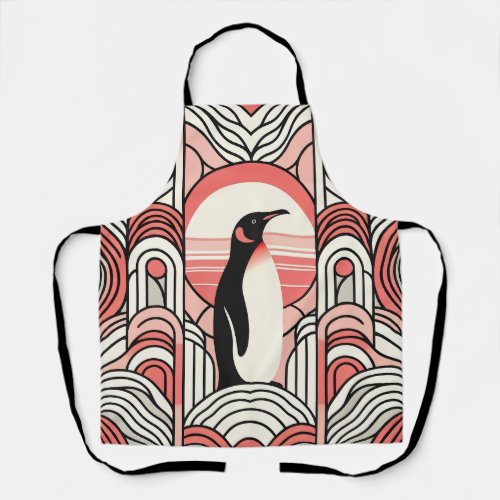 Coral Pink Cream Penguin In Art Deco Geometrical Apron