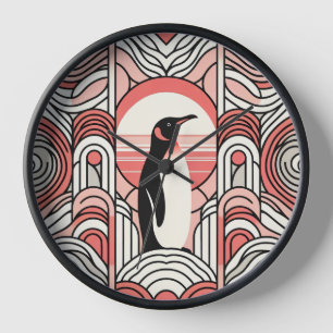Coral Pink Cream Penguin In Art Deco Geometrical Clock