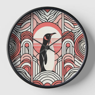 Coral Pink Cream Penguin In Art Deco Geometrical Clock