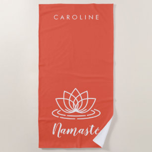 Coral pink custom name Namaste lotus flower Beach Towel