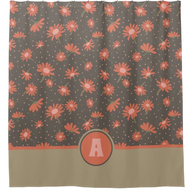 Coral Pink Daisy Stem Floral Pattern Monogram Shower Curtain (Front)