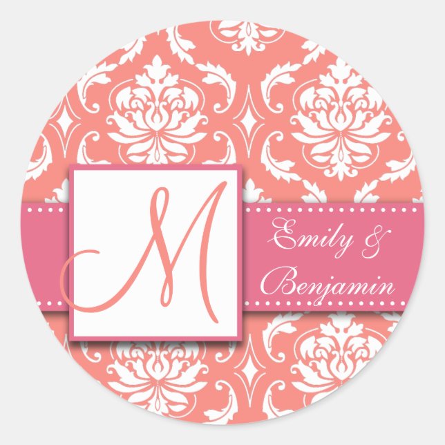 Coral Pink Damask Wedding Favour Sticker Pink (Front)