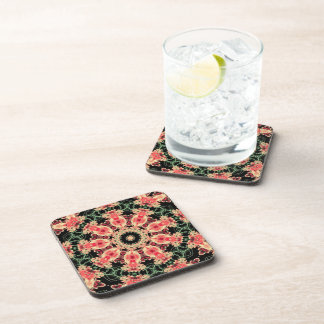 Coral Pink & Dark Green Fractal Kaleidoscope Coast Beverage Coaster