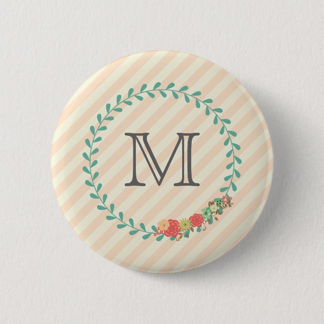 Coral pink decorative floral wreath monogram pinback button (Front)