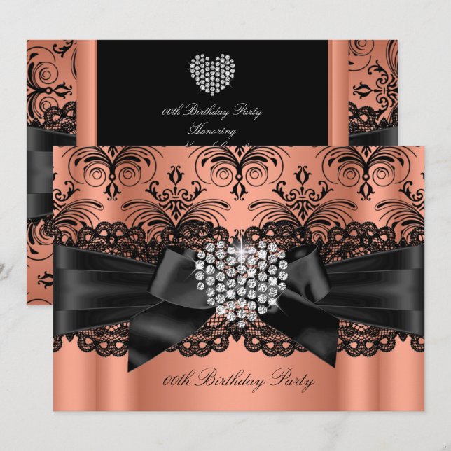 Coral Pink Diamond Heart Damask Birthday Party Invitation (Front/Back)