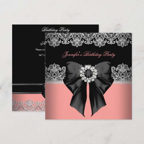Coral Pink Diamonds Lace Coral Birthday Party Announcement