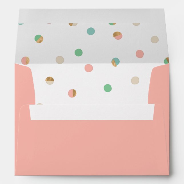 Coral Pink Dot Patterned Liner Wedding Invitation Envelope (Back (Bottom))