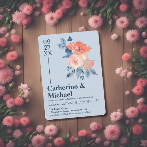 Coral Pink  Dusty Blue Watercolor Floral Wedding Invitation