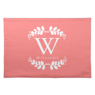 Coral Pink Elegant Monogram Cloth Placemat