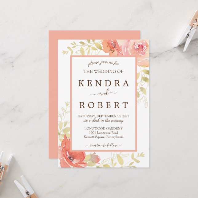 Coral Pink Elegant Rose Floral Wedding Invitation (Front/Back In Situ)