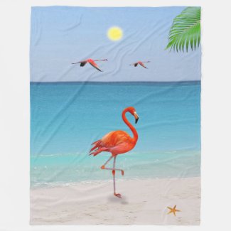 Coral Pink Flamingo & Palm Leaf on the Beach