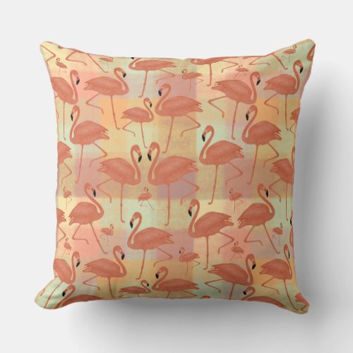 Coral Pink Flamingos and Plaid Patchwork Throw Pillow