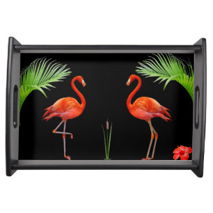 Coral Pink Flamingos & Palm Leaves on Black Serving Tray