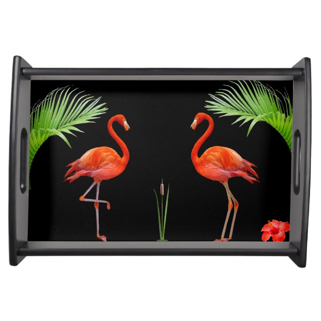 Coral Pink Flamingos & Palm Leaves on Black Serving Tray (Front)